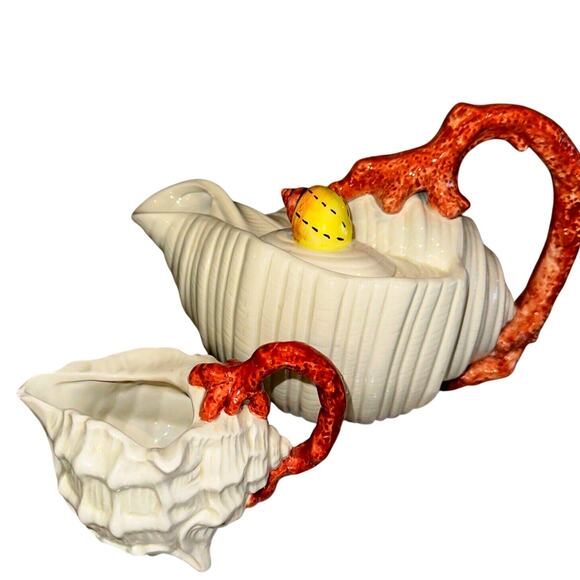 Fitz & Floyd Vintage 1989 Oceana Conch Shell Teapot W/lid & Seahell Creamer SET - Picture 1 of 16